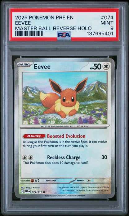 2025 Pokemon SV: Prismatic Evolutions #074 Eevee (Master Ball Pattern) PSA 9