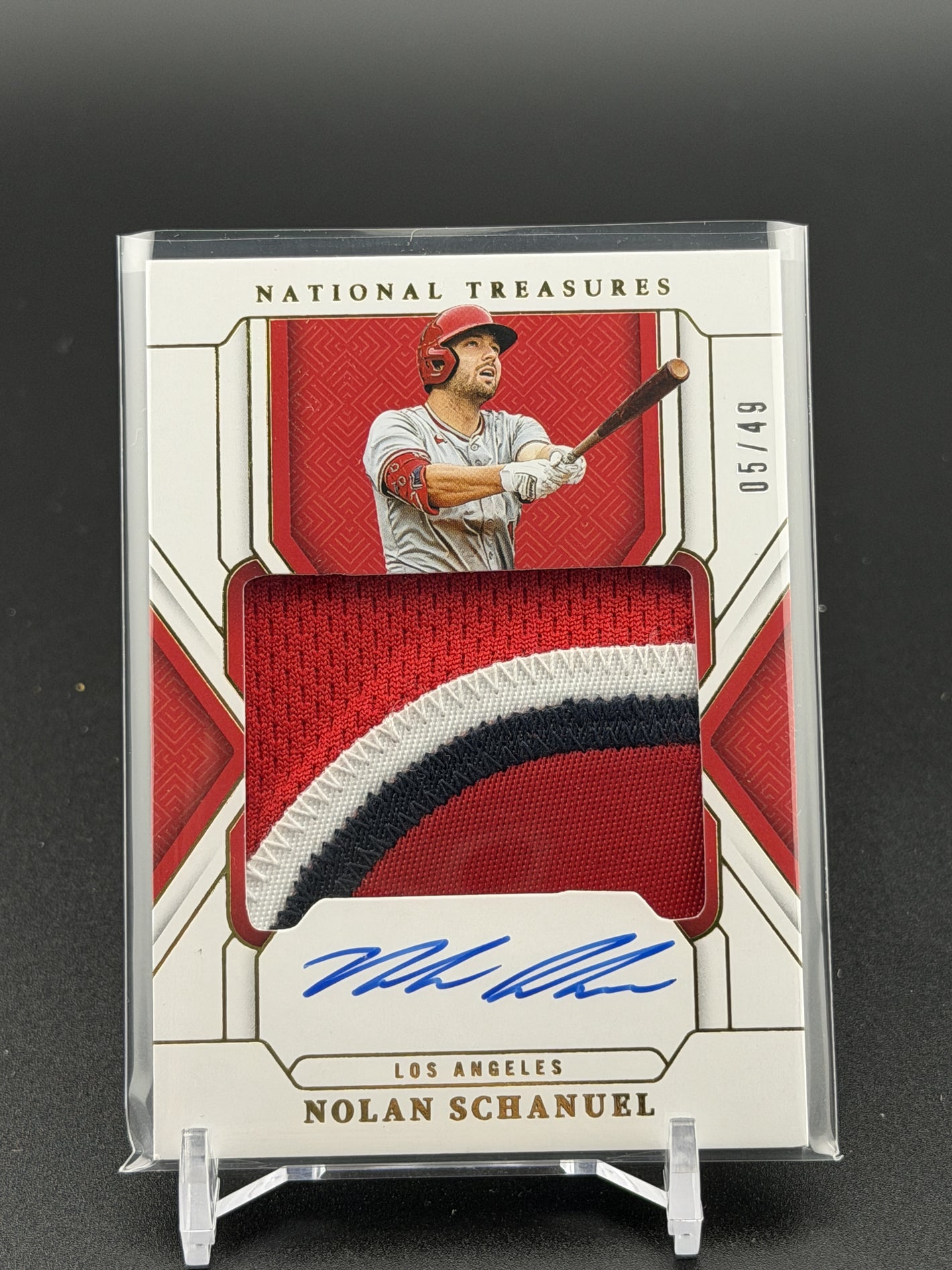 2025 Panini National Treasures #TMS-NS Nolan Schanuel Material Auto Gold #/49