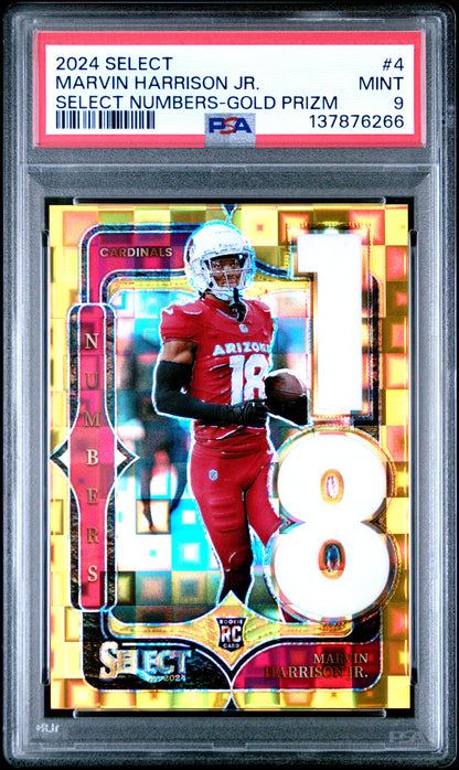 2024 Panini Select #4 Marvin Harrison Jr. Rookie RC Numbers Gold Prizm /10 PSA 9