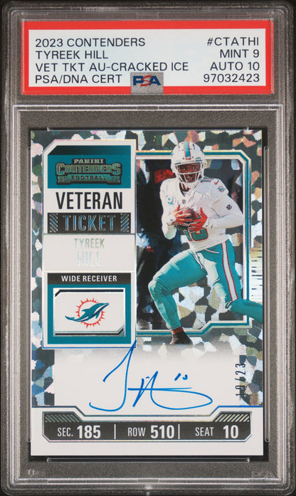 2023 Contenders #CTA-THI Tyreek Hill Veteran Cracked Ice Auto Ticket /23 PSA 9