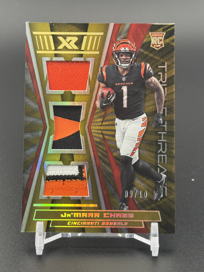 2021 Panini XR #RTT-JMC Ja'Marr Chase Rookie Triple Threats Materials Gold #/10