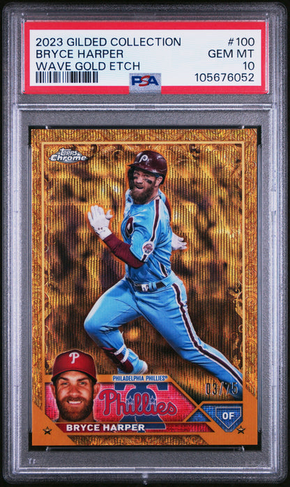 2023 Topps Gilded Collection #100 Bryce Harper Wave Gold Etch /75 PSA 10