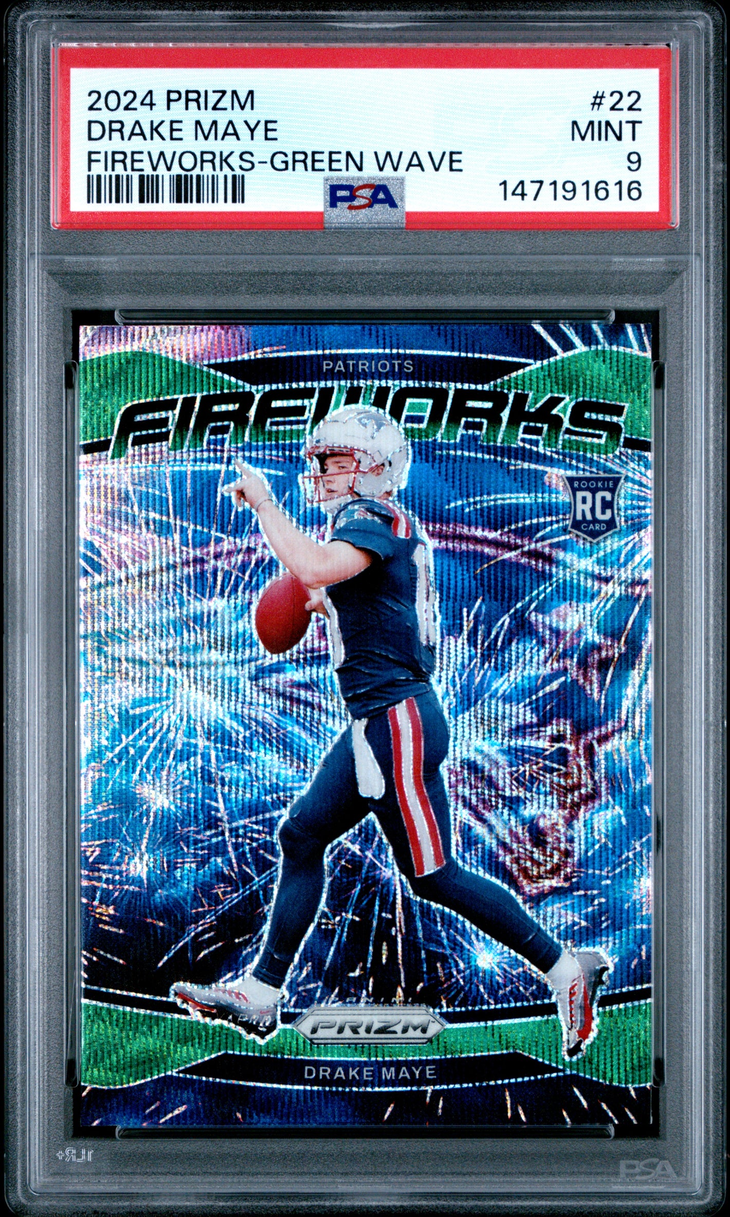 2024 Panini Prizm #22 Drake Maye Fireworks Green Wave Prizm PSA 9