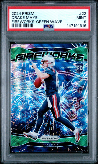 2024 Panini Prizm #22 Drake Maye Fireworks Green Wave Prizm PSA 9