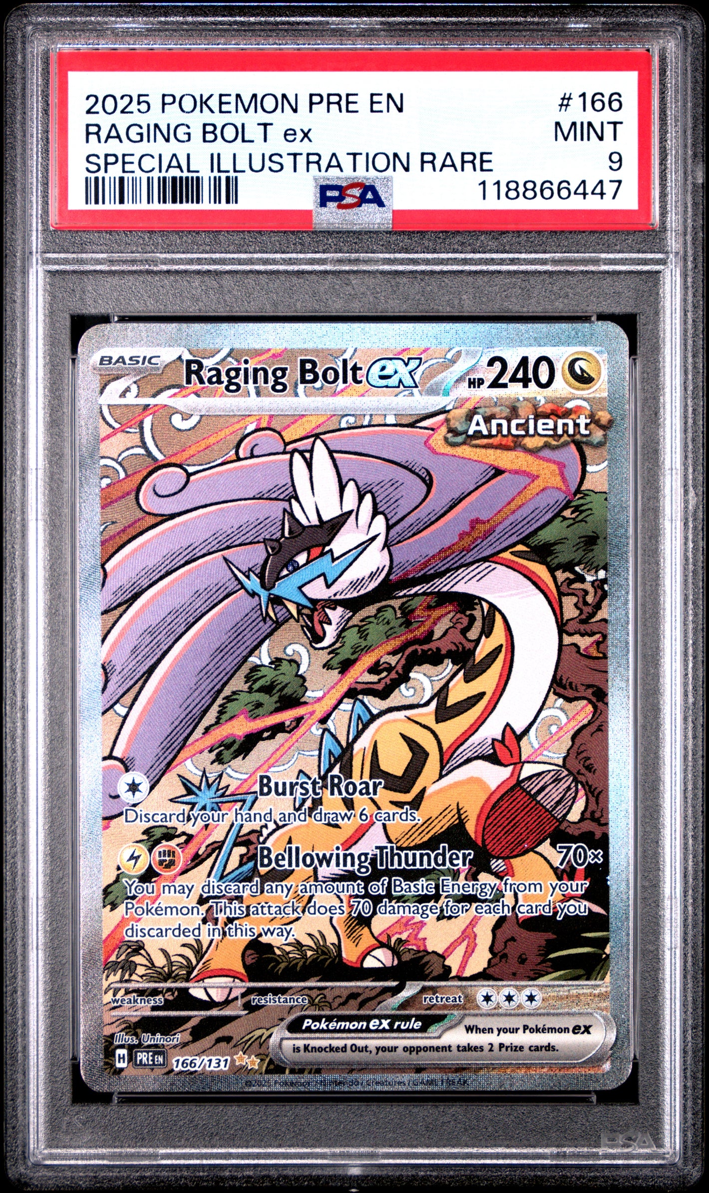 Pokemon SV: Prismatic Evolutions #166/131 Raging Bolt ex Special Illustration Rare PSA 9