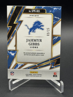 2025 Panini Select #SPK-JGS Jahmyr Gibbs Sparks Tie-Dye Prizm #/25