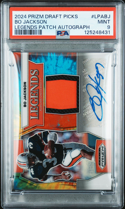 2024 Prizm Draft Picks #LPA-BJ Bo Jackson Legends Patch Auto Tie Dye /25 PSA 9