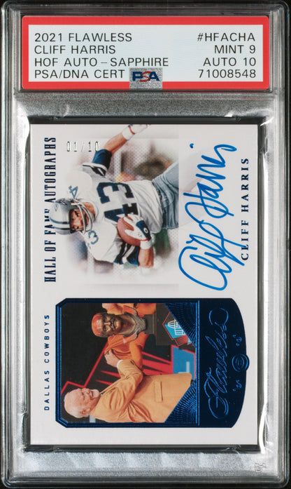 2021 Flawless #HFA-CHA Cliff Harris Hall of Fame Auto Sapphire /10 PSA 9
