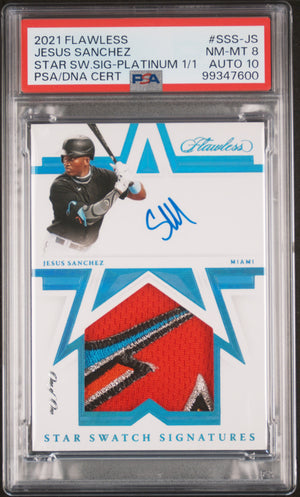 2021 Flawless #SSS-JS Jesus Sanchez Star Swatch Signatures Platinum 1/1 PSA 8