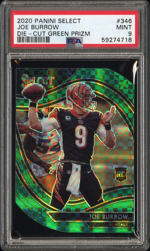 2020 Panini Select #346 Joe Burrow Rookie RC Green Prizm Die Cut /5 PSA 9
