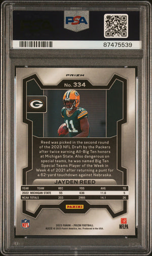 2023 Panini Prizm #334 Jayden Reed Rookie RC Lazer PSA 9