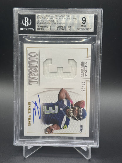 2013 National Treasures #39 Russell Wilson Colossal Jersey Number Auto /25 BGS 9