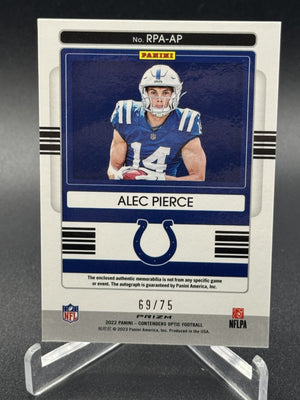 2022 Panini Contenders Optic #RPA-AP Alec Pierce Rookie Patch Autographs #/75