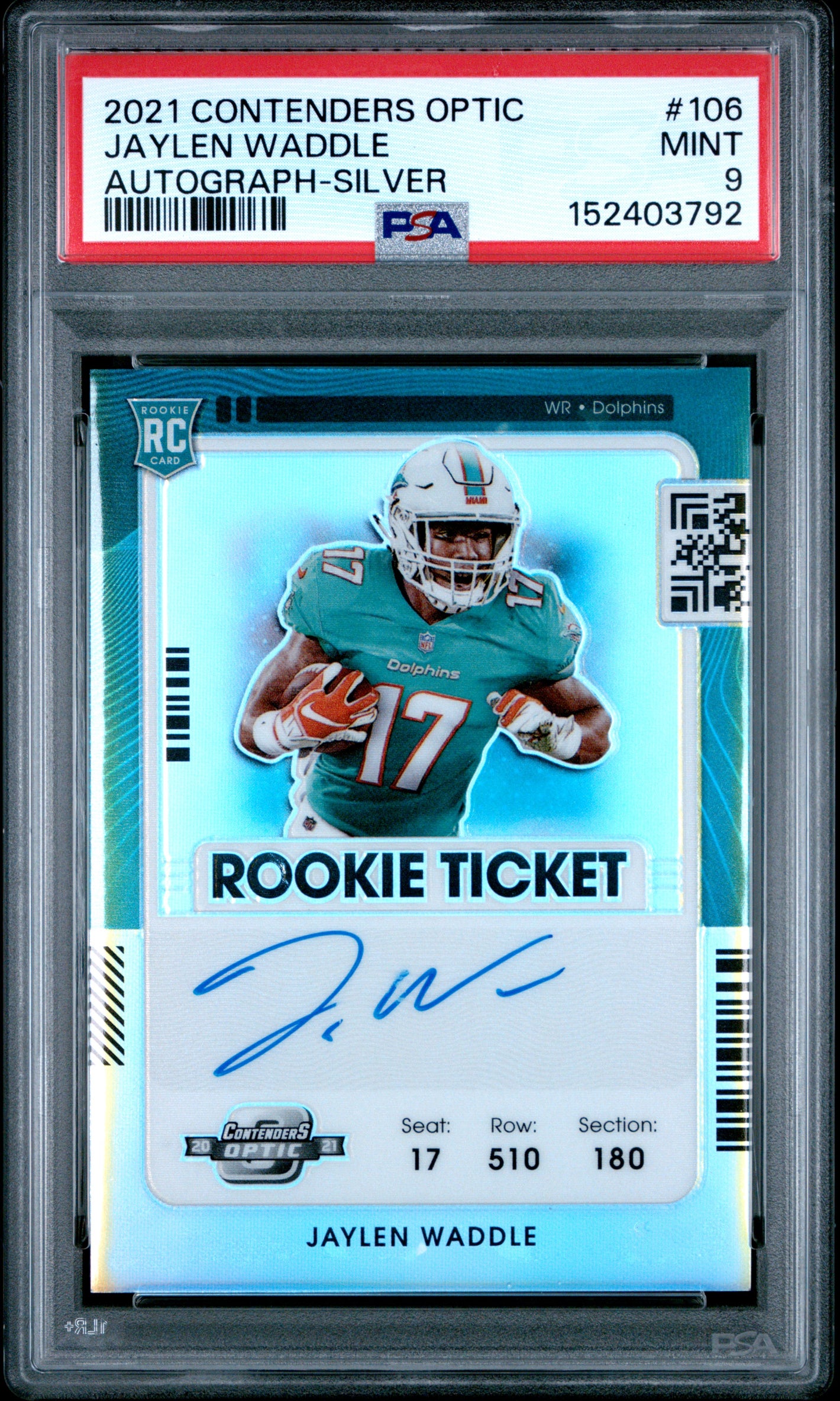 2021 Panini Contenders Optic #106 Jaylen Waddle Rookie RC Silver Auto PSA 9