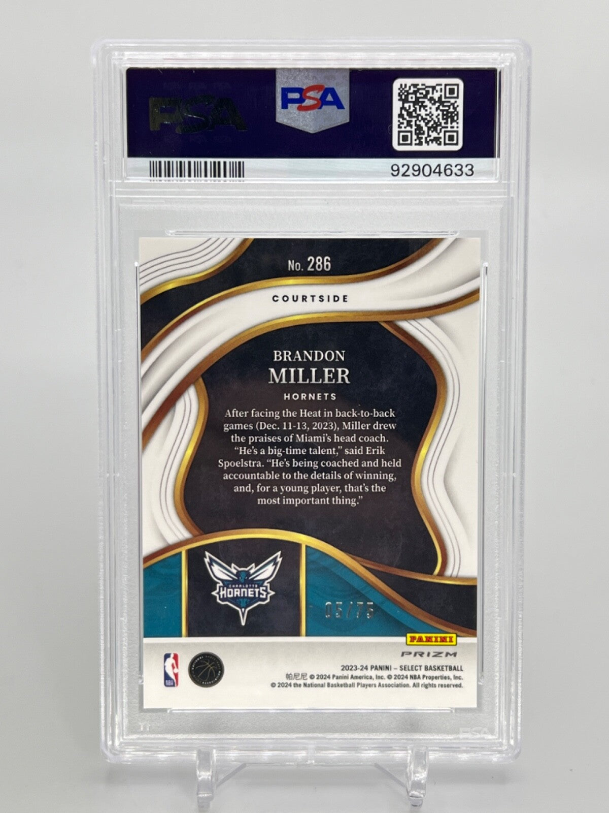 2023 Panini Select Brandon Miller /75 White Disco Rookie RC #286 PSA 10 WC