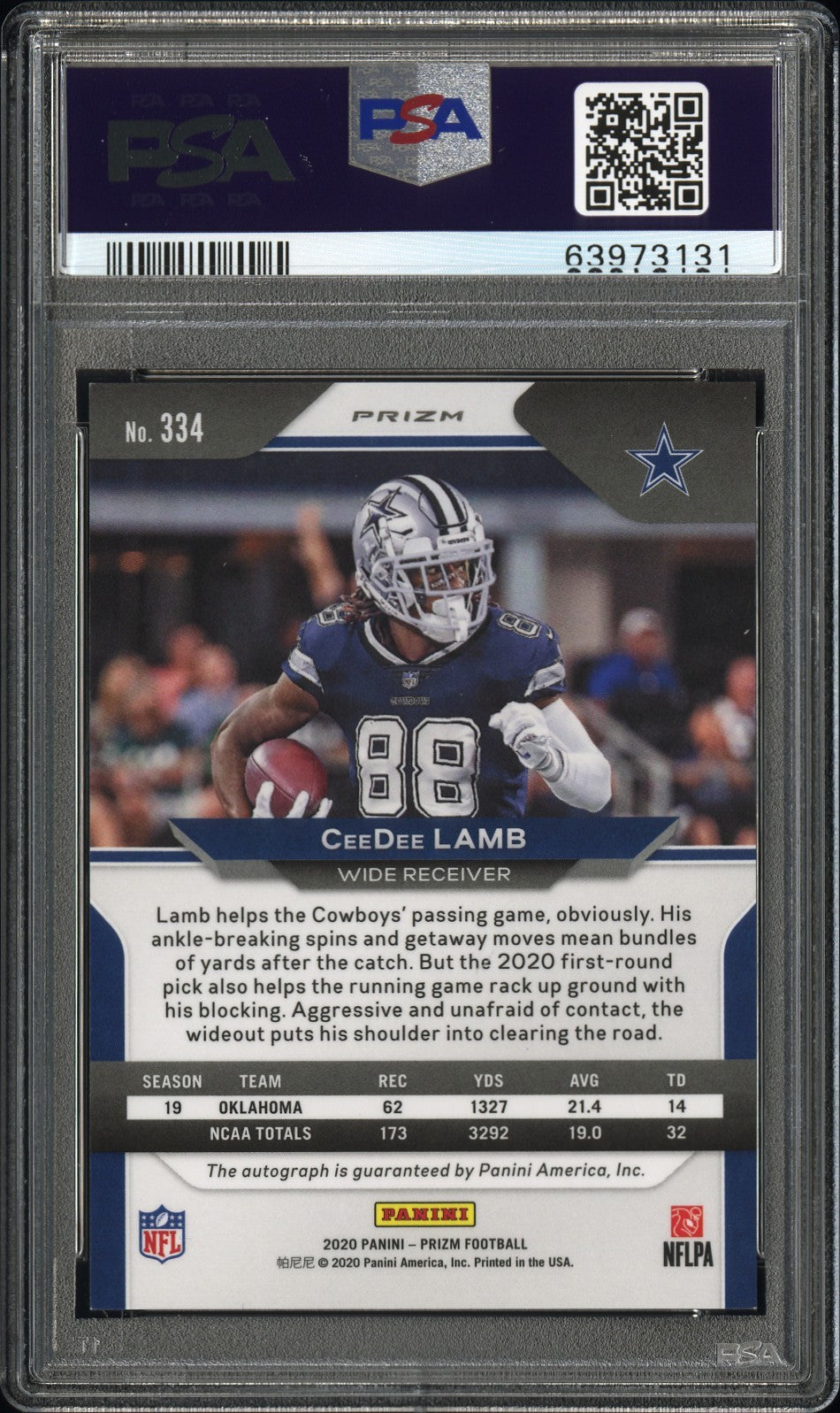 2020 Panini Prizm #334 Ceedee Lamb Rookie Silver Autograph PSA 9 WC