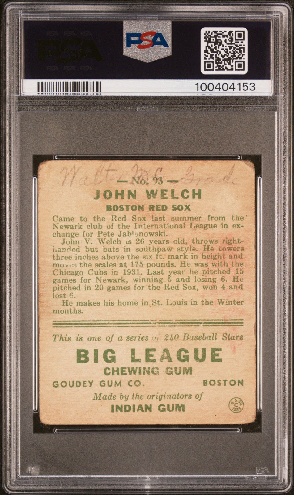1933 Goudey #93 John Welch PSA 2 WC
