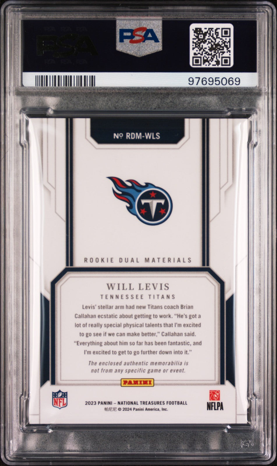 2023 Panini National Treasures Rookie Dual Patch Will Levis /35 Gold PSA 10 PC