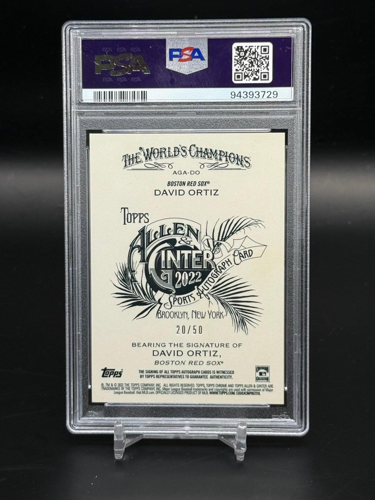 2022 Allen & Ginter David Ortiz Auto- Gold Refractor PSA 10 /50 #DO WC