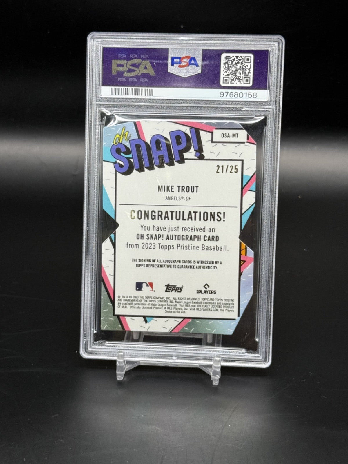 2023 Topps Pristine Mike Trout /25 Oh Snap Orange Auto #OSAMT PSA 10 WC