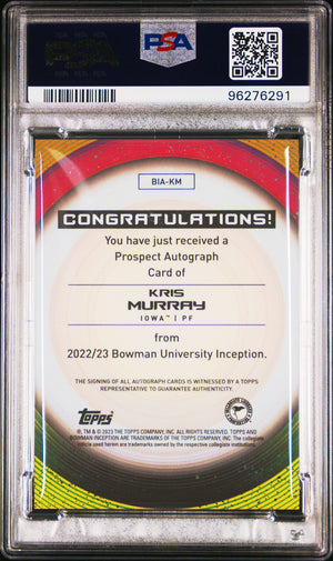 2022 Bowman University Inception #KM Kris Murray Autograph PSA 10 WC