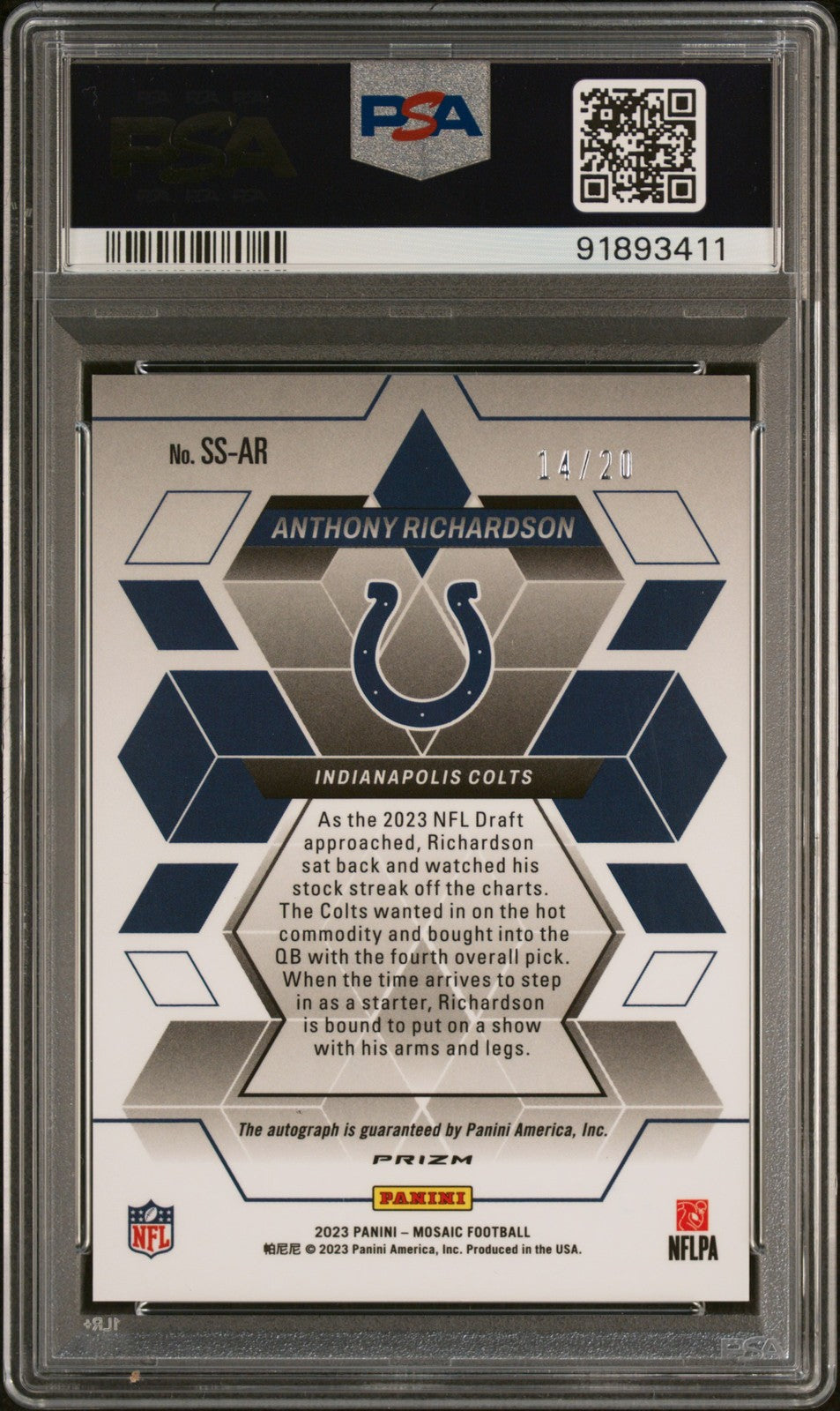 2023 Panini Mosaic Anthony Richardson /20 Blue Prizm Rookie Auto PSA 9 PC