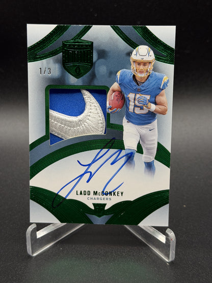 2024 Eminence #RPA-LMY Ladd McConkey Rookie Nike Swoosh Patch Auto Green /3