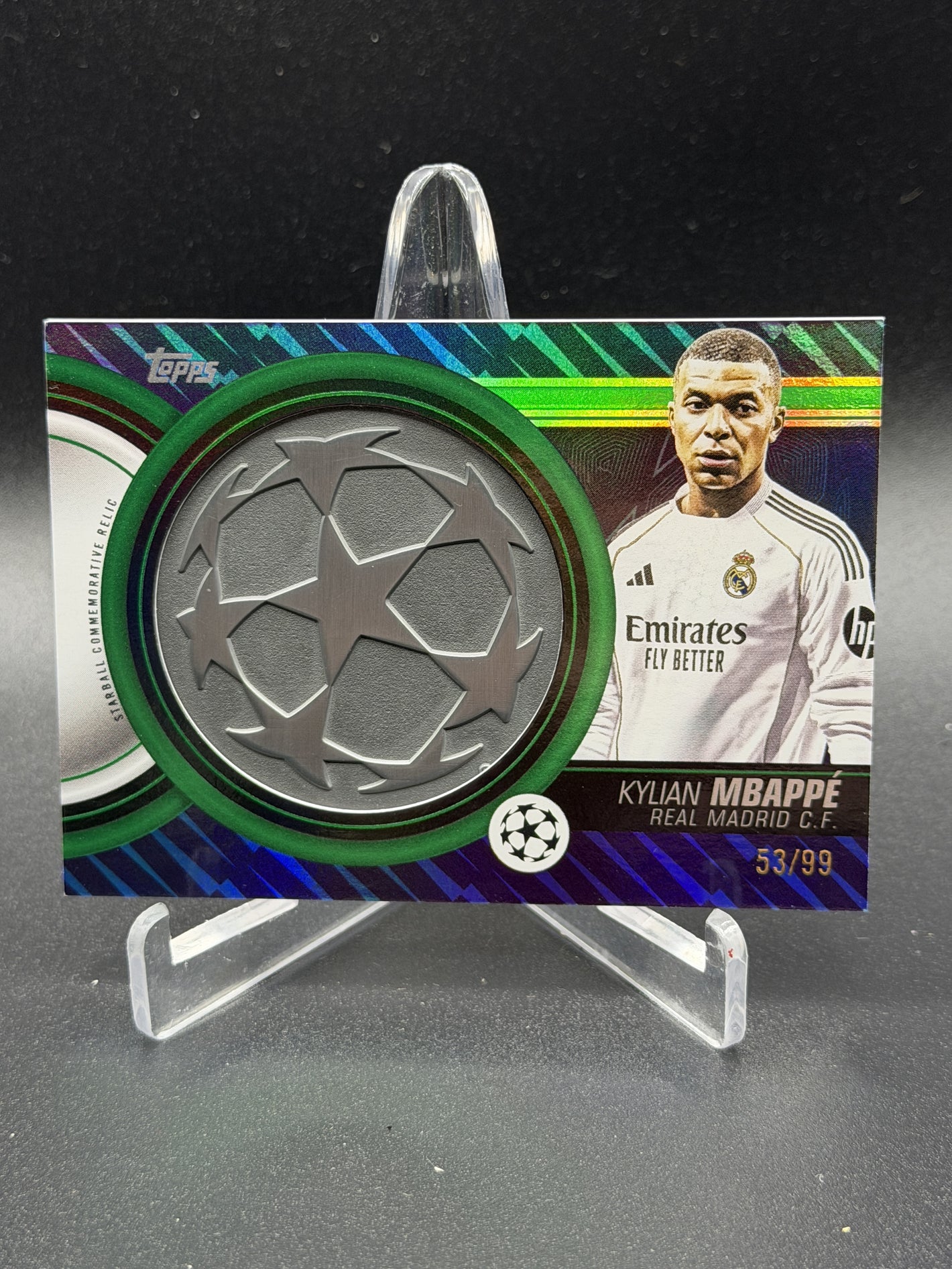 2025 Topps UEFA Kylian Mbappé Starball Commemorative Relic Green Foil /99