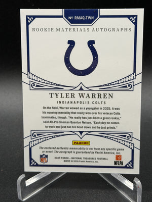 2025 National Treasures #RMAQ-TWN Tyler Warren Rookie Materials Auto Quad /99