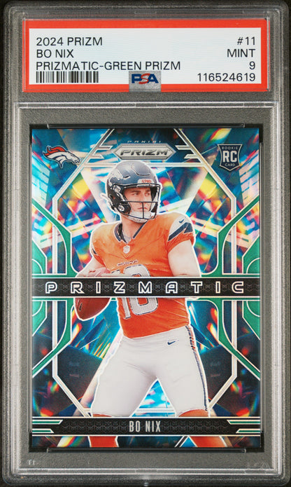 2024 Panini Prizm #11 Bo Nix Rookie RC Prizmatic Green Prizm PSA 9