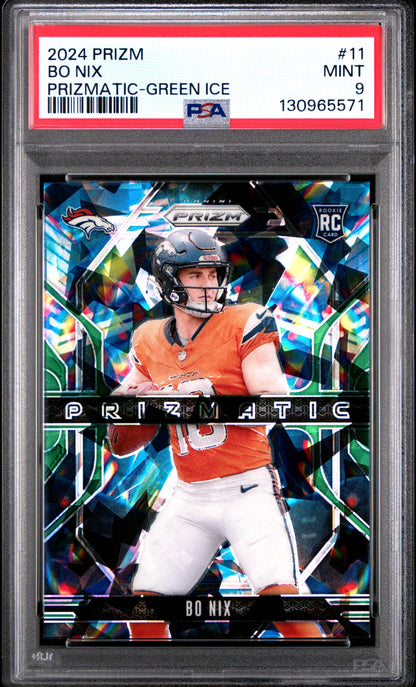 2024 Panini Prizm #11 Bo Nix Rookie RC Prizmatic Green Ice PSA 9
