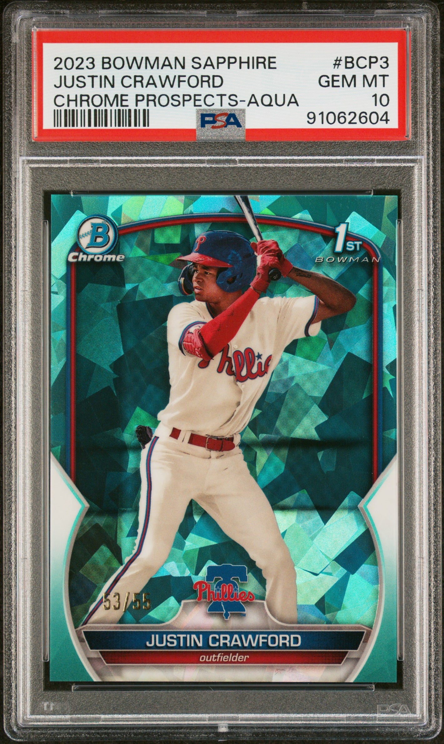 2023 Bowman Chrome Sapphire Edition #BCP-3 Justin Crawford 1st Aqua PSA 10 #/55