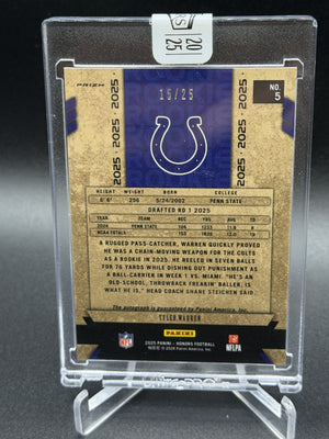 2025 Panini Honors #5 Tyler Warren 2005 Honors Rookies Signatures Purple #/25