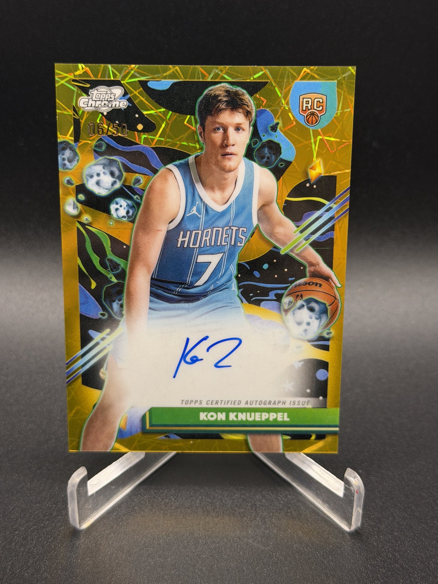 2025-26 Topps Chrome Cosmic Kon Knueppel RC Auto Gold Interstellar Refractor /50