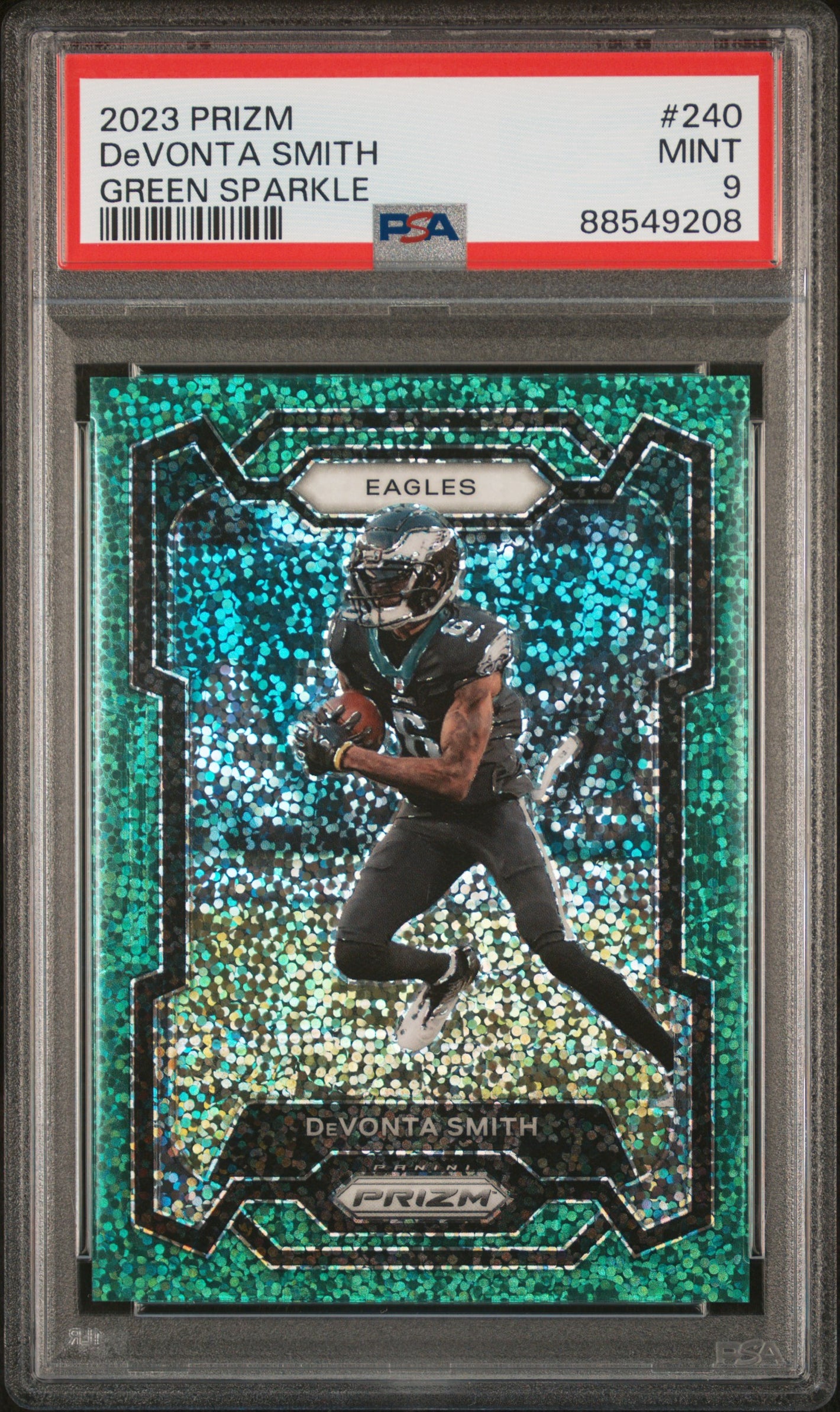 2023 Panini Prizm #240 DeVonta Smith Green Sparkle PSA 9 #/8