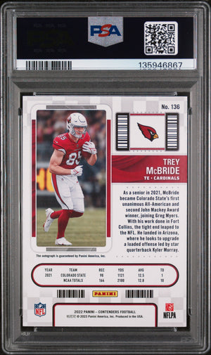 2022 Zenith Contenders #136 Trey McBride Rookie Ticket RPS Red /23 PSA 9