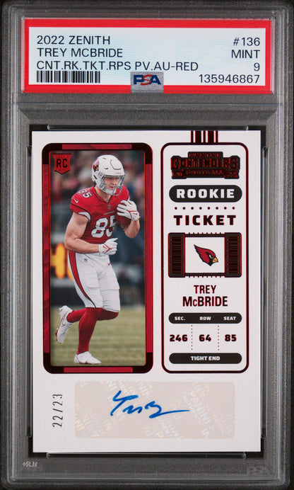 2022 Zenith Contenders #136 Trey McBride Rookie Ticket RPS Red /23 PSA 9