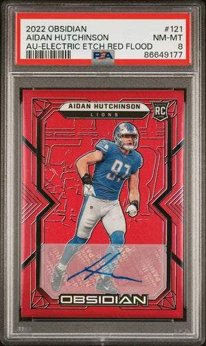 2022 Obsidian #121 Aidan Hutchinson Rookie Auto Electric Etch Red Flood /6 PSA 8