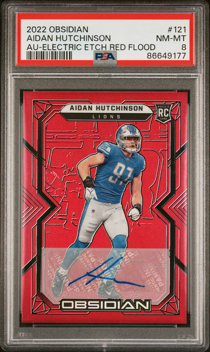 2022 Obsidian #121 Aidan Hutchinson Rookie Auto Electric Etch Red Flood /6 PSA 8