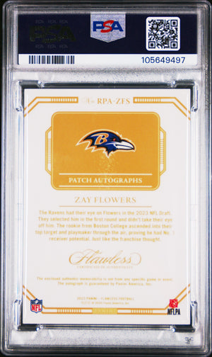2023 Flawless #RPA-ZFS Zay Flowers Rookie Patch Autographs Silver /20 PSA 8