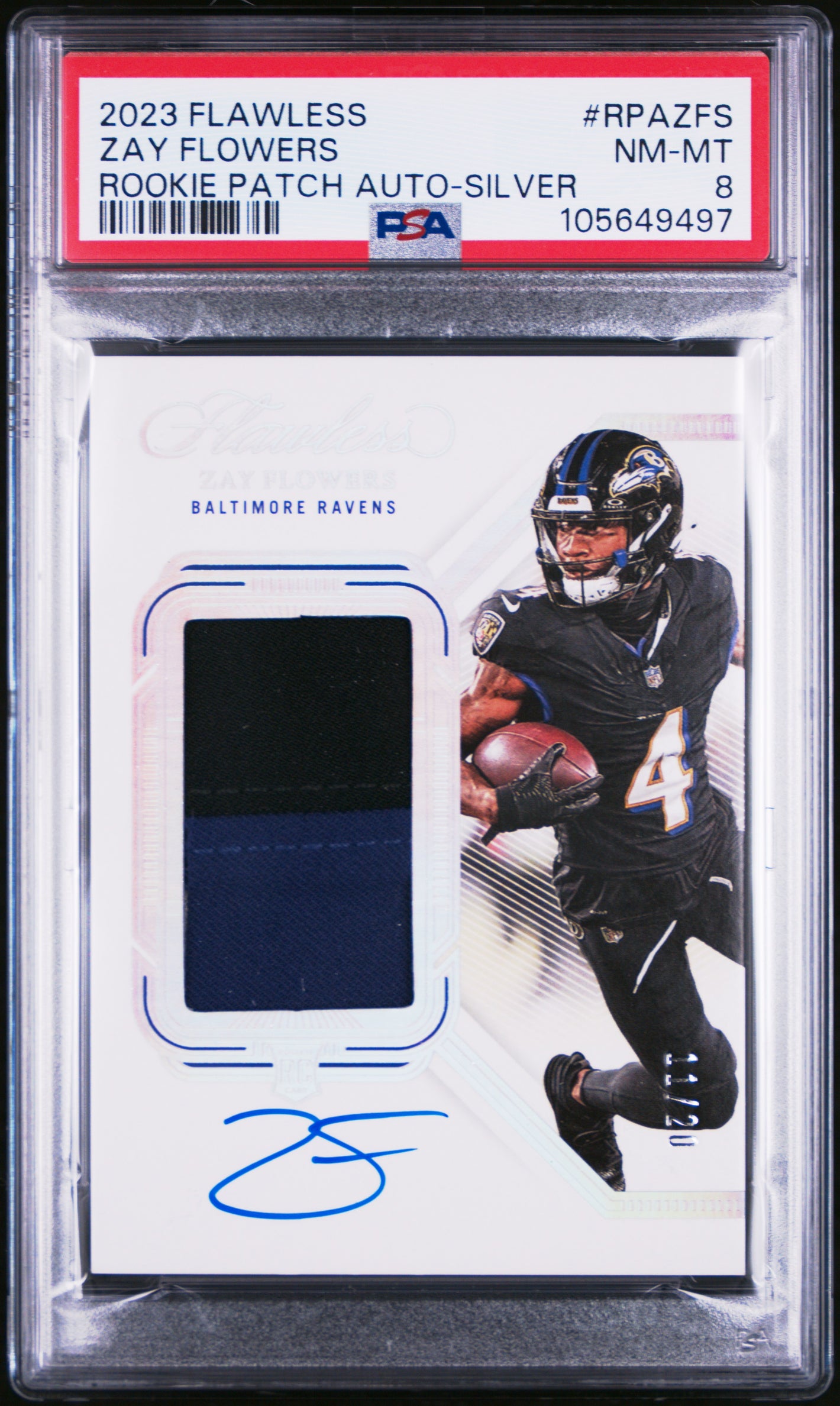 2023 Flawless #RPA-ZFS Zay Flowers Rookie Patch Autographs Silver /20 PSA 8