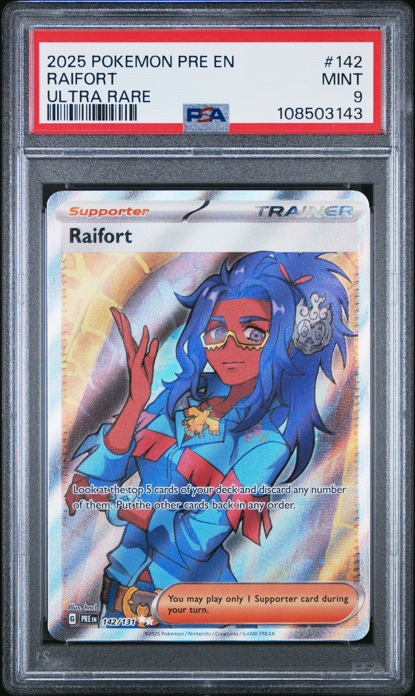 2025 Pokemon Pre En-Prismatic Evolutions #142 Raifort Ultra Rare PSA 9