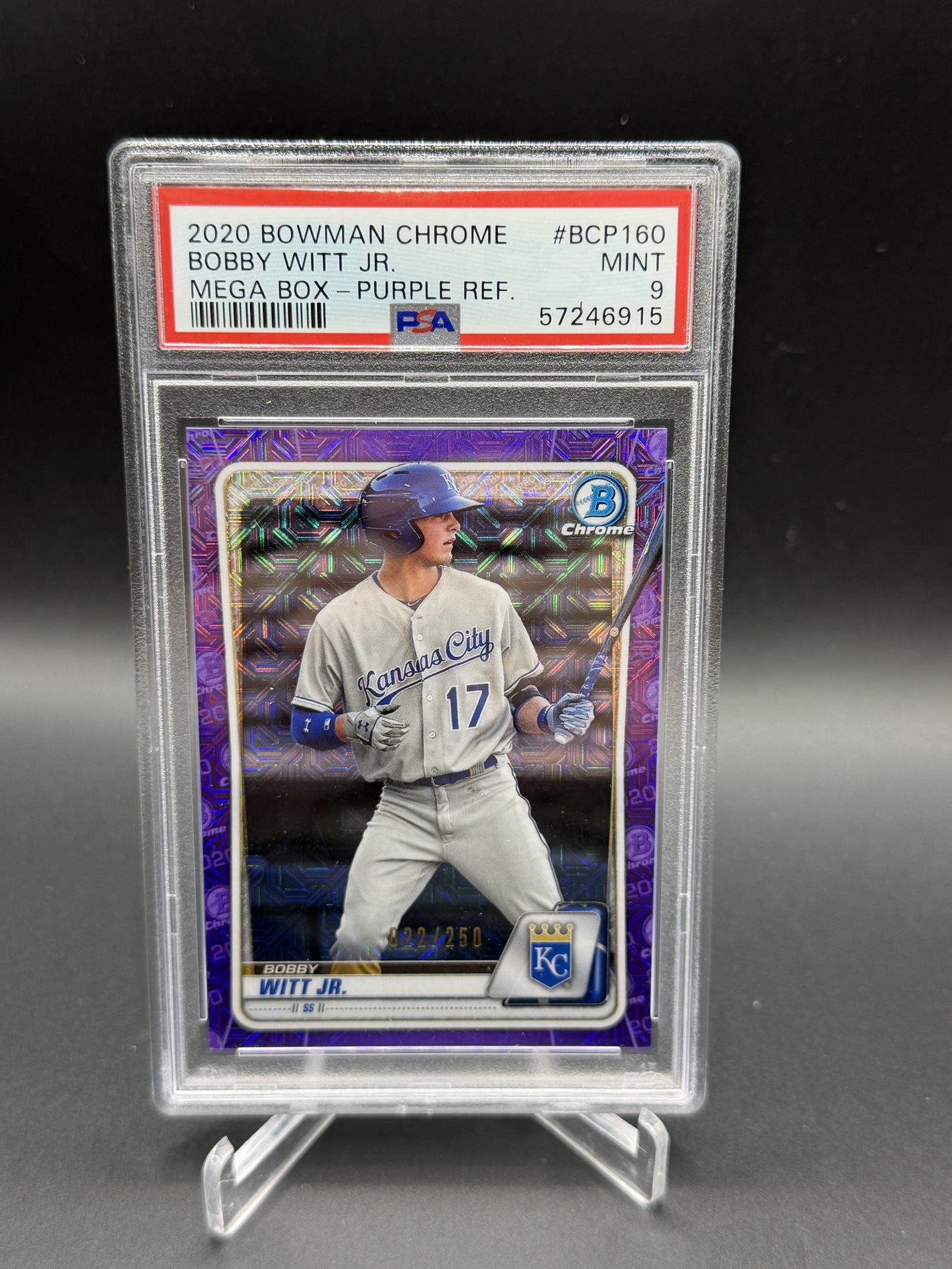 2020 Bowman Chrome Mega #BCP-160 Bobby Witt Jr. Mojo Refractor Purple /250 PSA 9