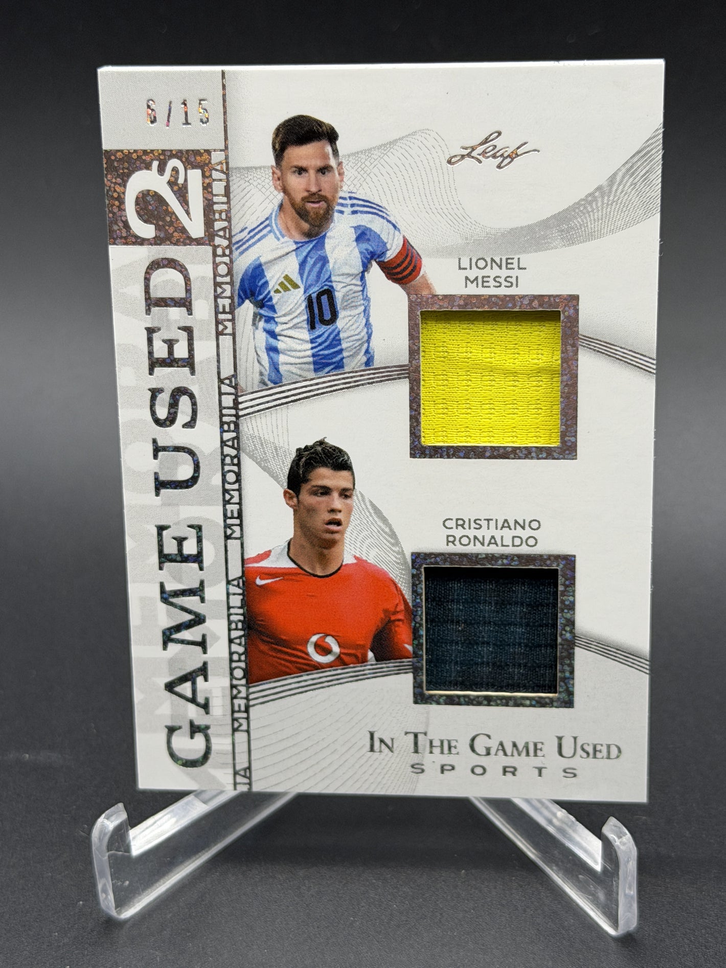 2025 Leaf In The Game Used Glitter Holo Lionel Messi Cristiano Ronaldo /15