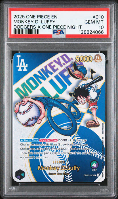 2025 One Piece Promos #010 Monkey D. Luffy Dodgers X One Piece Night PSA 10