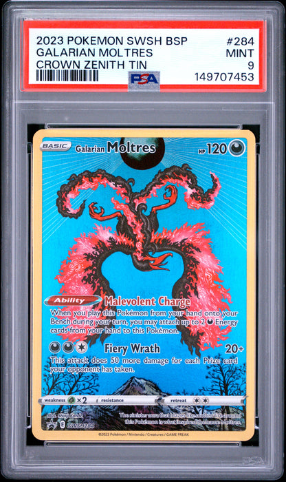 2023 Pokemon Swsh Black Star Promo #284 Galarian Moltres Crown Zenith Tin PSA 9