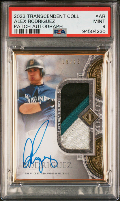 2023 Topps Transcendent Collection #TCPA-AR Alex Rodriguez Patch Auto /15 PSA 9