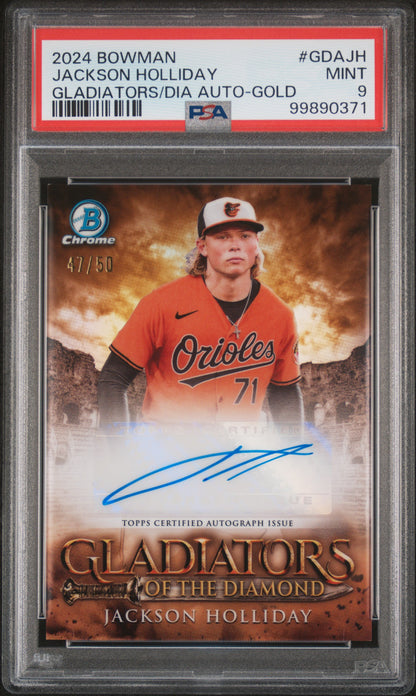 2024 Bowman Jackson Holliday RC Gladiators Diamond Auto Gold Refractor /50 PSA 9