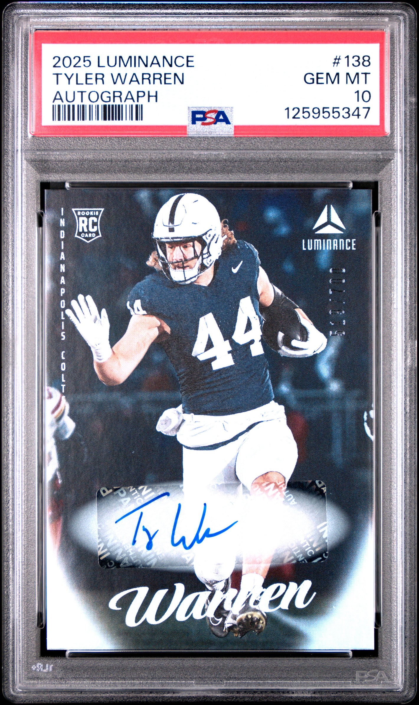 2025 Panini Luminance #138 Tyler Warren Rookie RC Auto /700 PSA 10