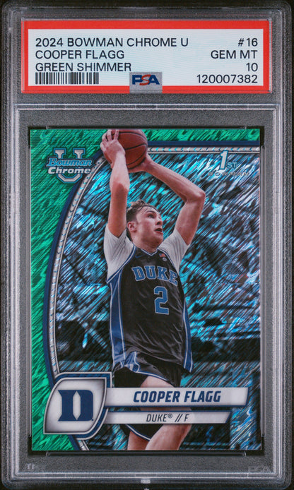 2024 Bowman Chrome U #16 Cooper Flagg 1st Green Shimmer Refractor PSA 10